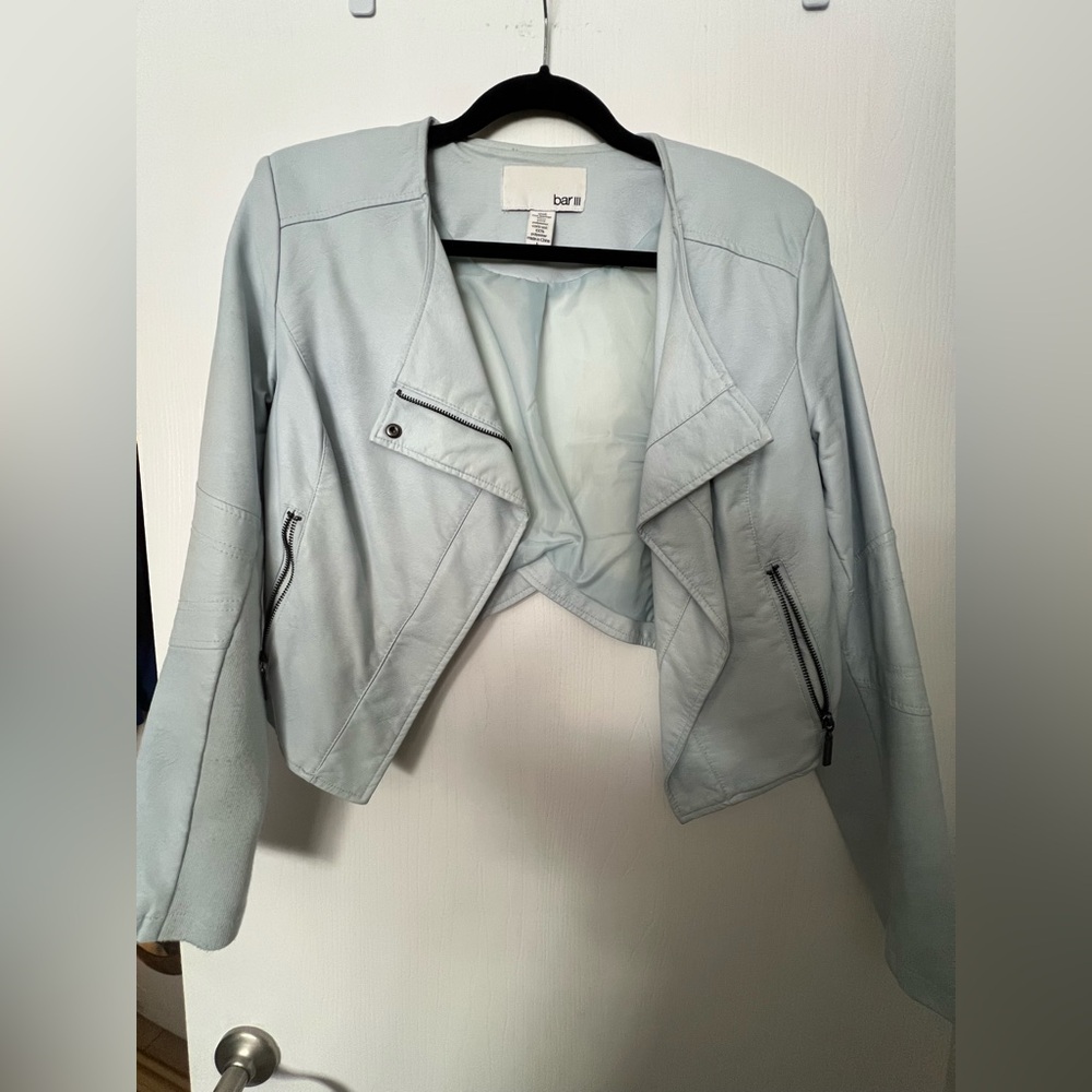 Bar III Women's Soft Blue Faux Leather Moto Jacket